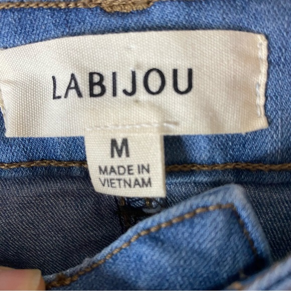 Labijou Boujee Chic Ruche Sides Scrunched Jeans Womens M Medium Blue Stacked - Picture 15 of 16